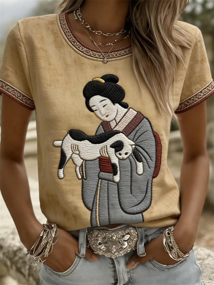 Comstylish Ancient Japanese Cat Lady Washed T Shirt