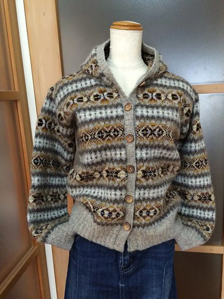 Vintage Fairman Island Print Long Sleeve Sweater Cardigan