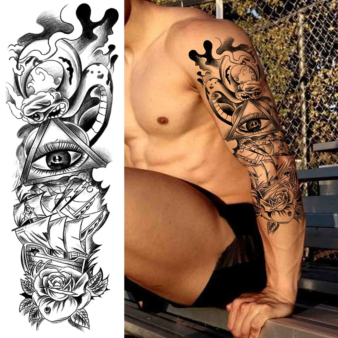 Sexy Girl Flower Temporary Tattoos For Women Men Black Lion Triangle Tattoo Sticker Fake Tribal Full Arm Sleeve Tatoos Paste 1108-1