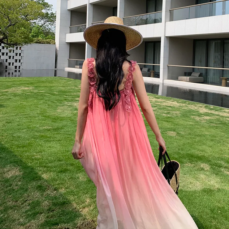 Churchf Churchf Dress Seaside Pink Sling Chiffon Dress Super Fairy Big Skirt