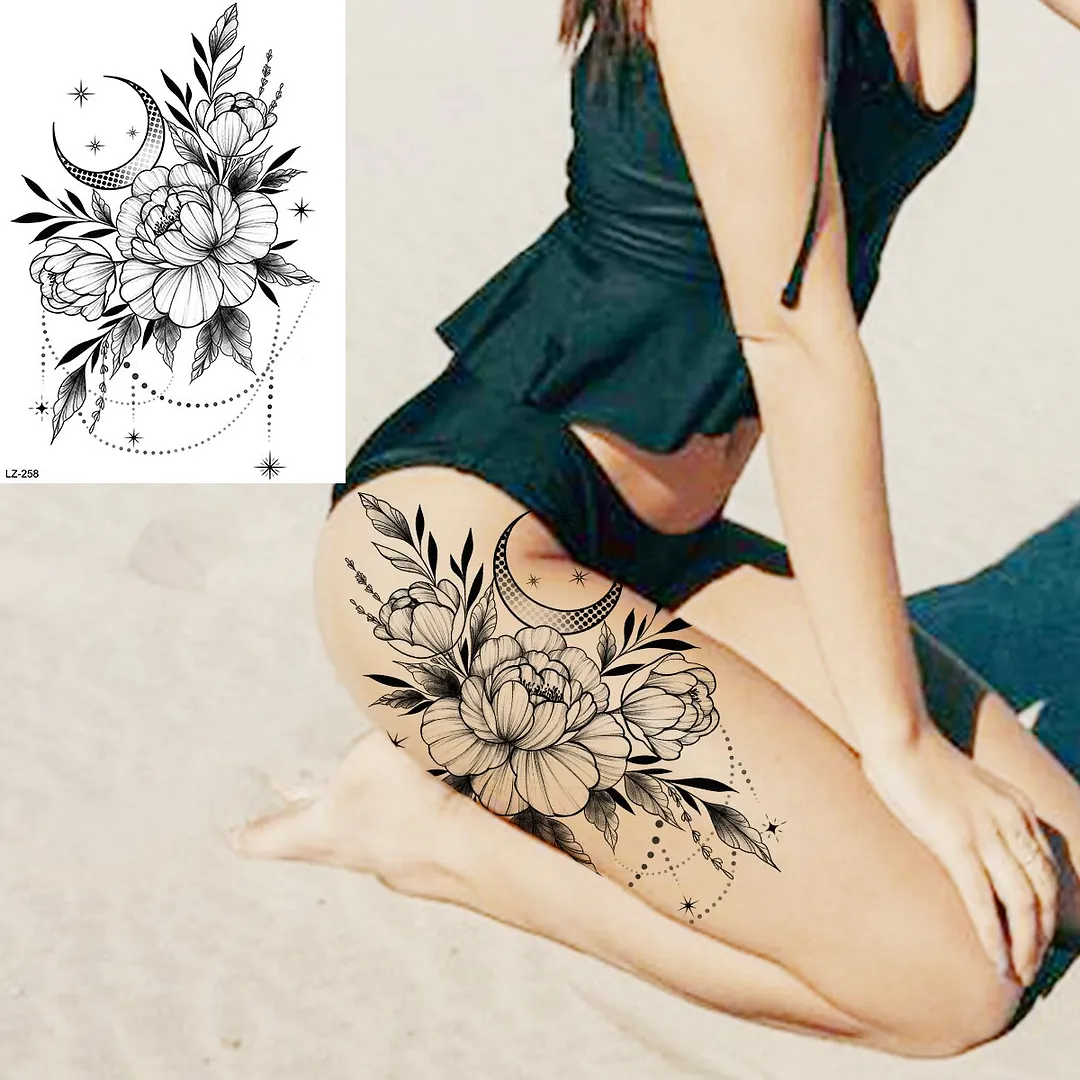 Sdrawing Peony Flower Temporary Tattoos For Women Adults Realistic Compass Moon Pendant Fake Tattoo Sticker Arm Body Tatoos