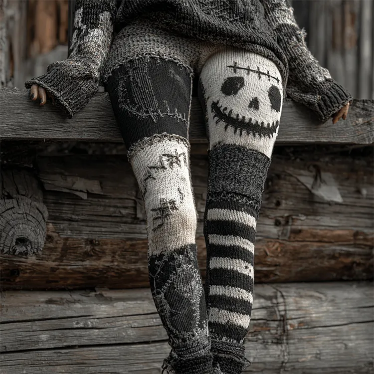 Halloween Stitched Face Contrast Patchwork Cozy Knit Leggings