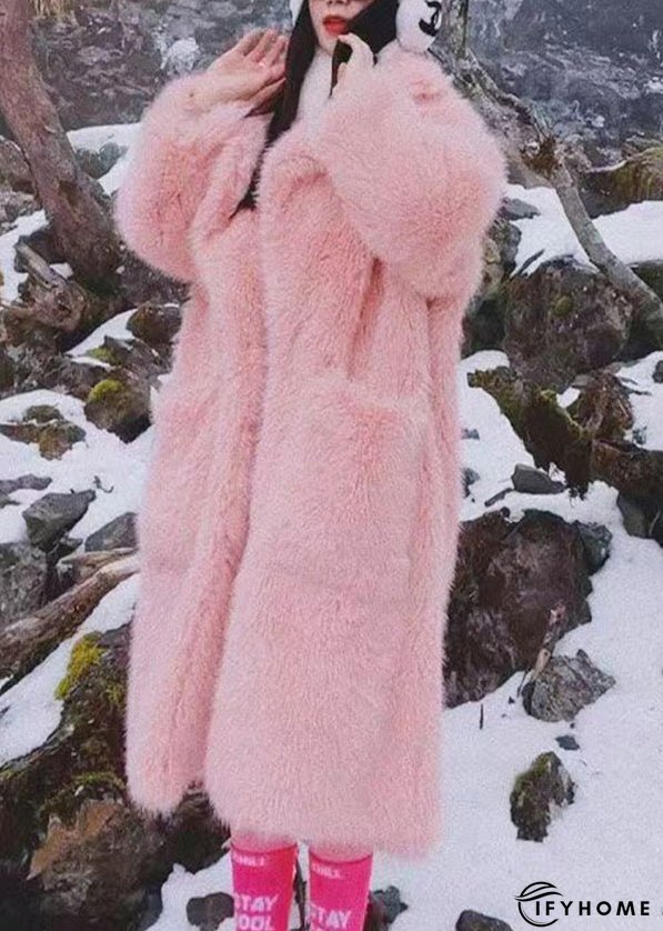 Plus Size Pink Peter Pan Collar Pockets Patchwork Fuzzy Fur Fluffy Coat Winter | IFYHOME