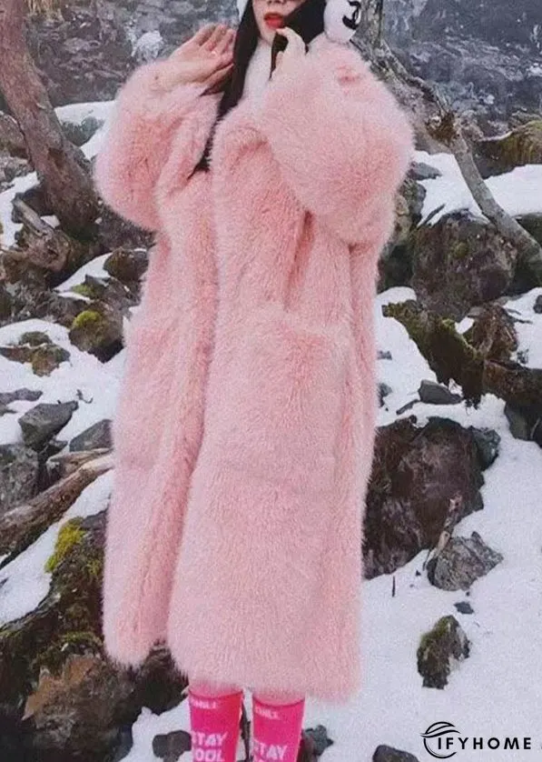 Plus Size Pink Peter Pan Collar Pockets Patchwork Fuzzy Fur Fluffy Coat Winter | IFYHOME