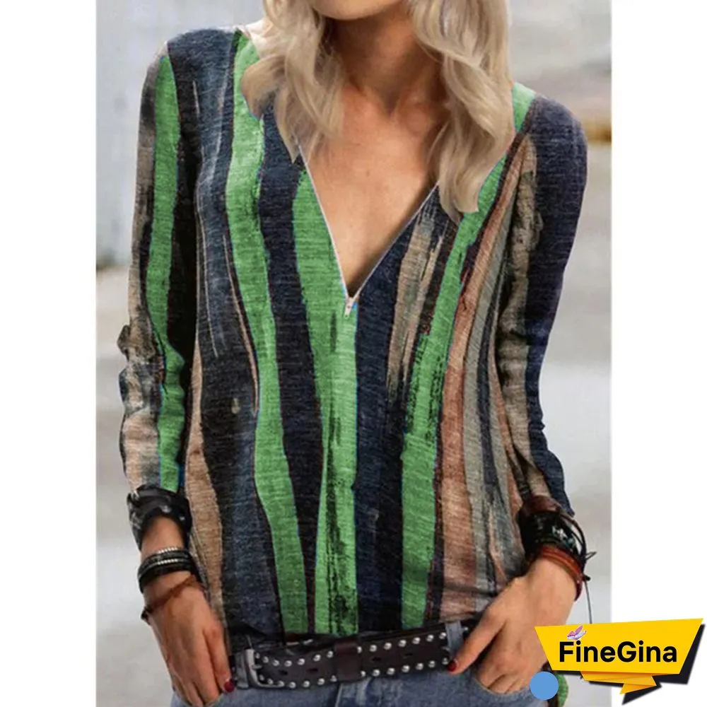 Women's Fashion Plus Size Loose Tops Stripes Printed Deep V-neck Blouse Long Sleeve T-shirt