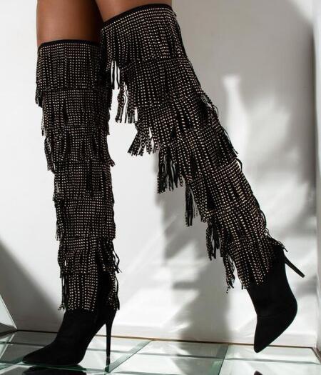GOOSHOE Woman Black Rhinestone Tassel Over The Knee Boots Pointed Toe Thin Heels Thigh Long Boots