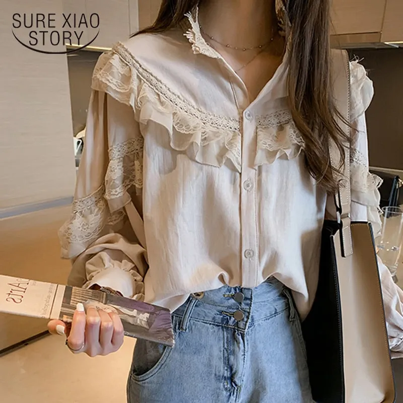2021 Blusas Casual Women Tops and Blouses Lace Blouse Vintage Women Autumn Lantern Long Sleeve Top Elegant Loose Shirt Fashion