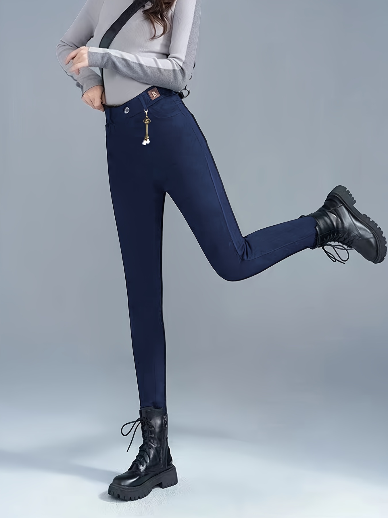 Women's High Waist Basic Black Solid Color Asymmetrical Yarn Polyester Jegging Pants, Slim Fit, Small Foot,, For Spring/Autumn | IFYHOME