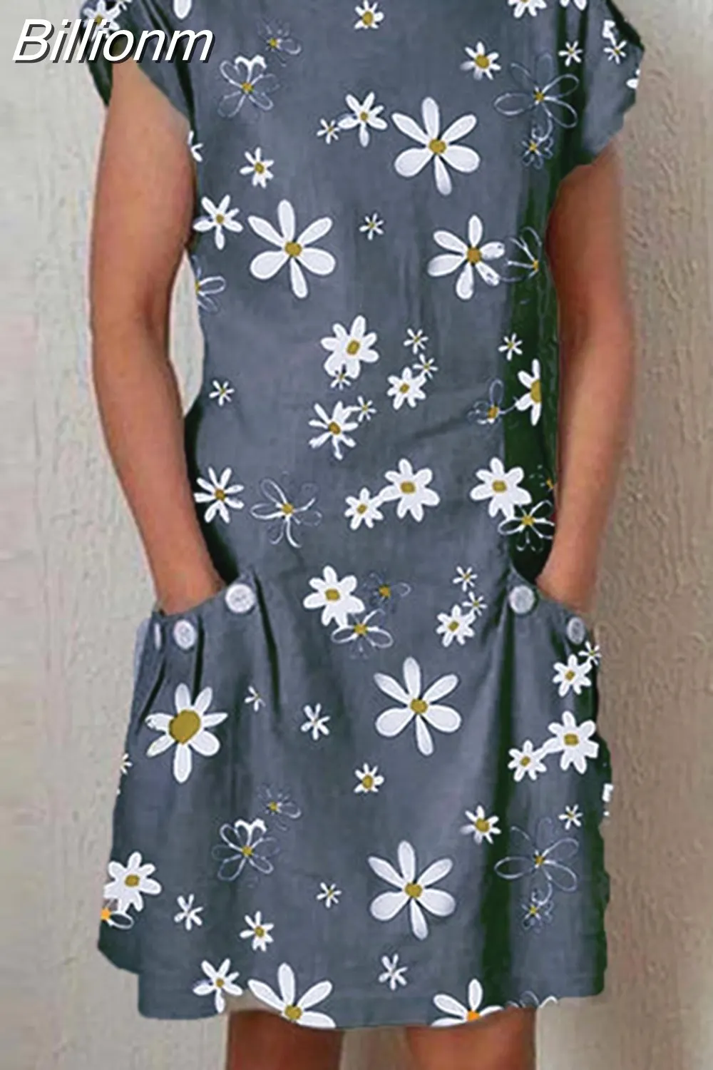 Billionm Color Button O Neck Cotton Linen Summer Dress Women Vintage Short Sleeve Pocket Knee Dress Casual Loose Plus Size Dresses