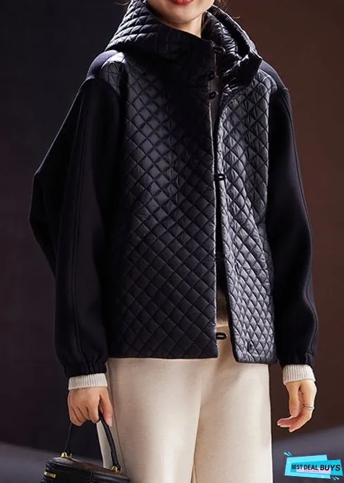 Women Black Hooded Button Cotton Filled Coats Long Sleeve