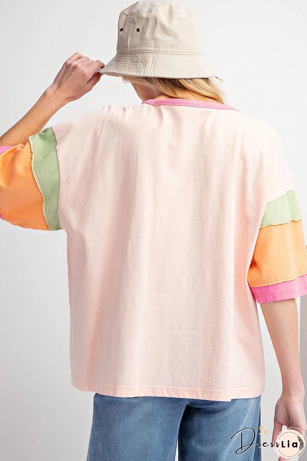 Pink Flower Color Block Half Sleeve Loose T Shirt