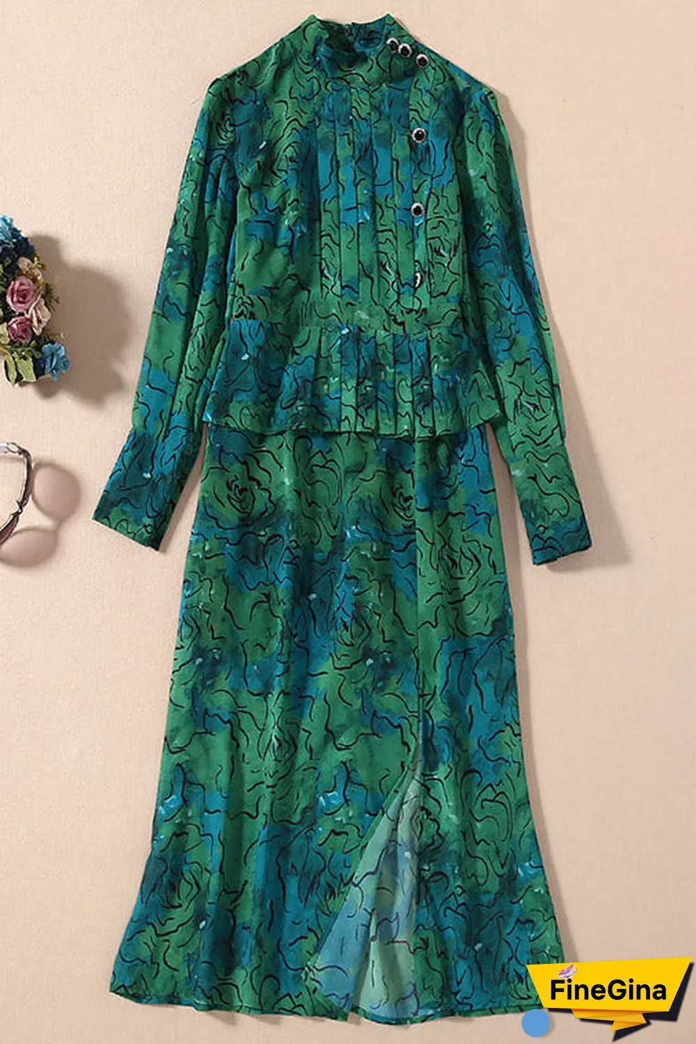 Green Floral Lantern Sleeve Kate Middleton Dress