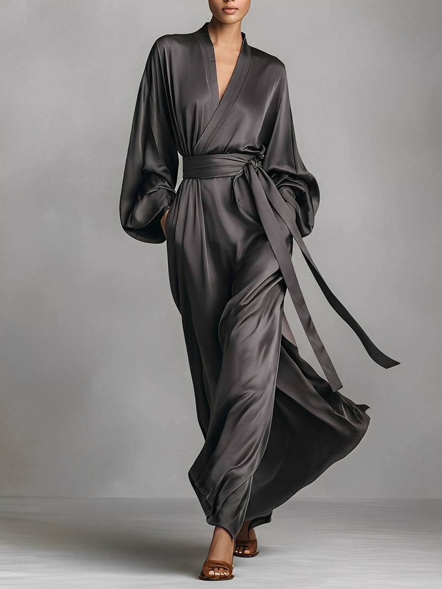 Women's Charcoal Gray Satin Wrap V-neck Maxi Dress MDA2560K0I