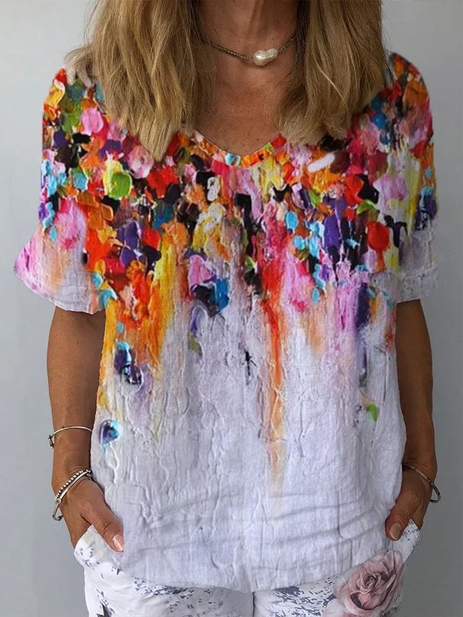 Womens Cotton Linen Oil Painting Print Casual Loose Top