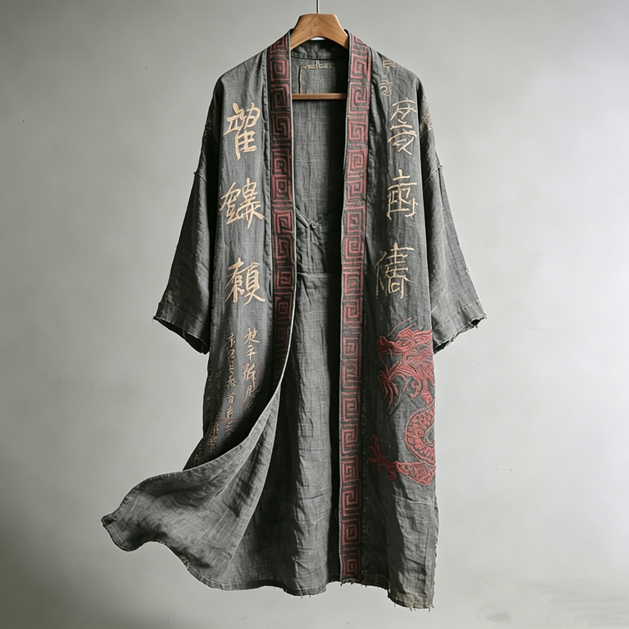 Men's Japanese Dragon Pattern Calligraphy And Painting Art Linen Long Kimono artswardrobe