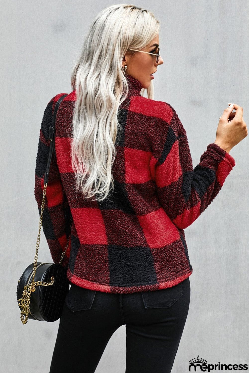Women's Winter Red Plaid Zip Collar Plush Pullover Sweatshirt