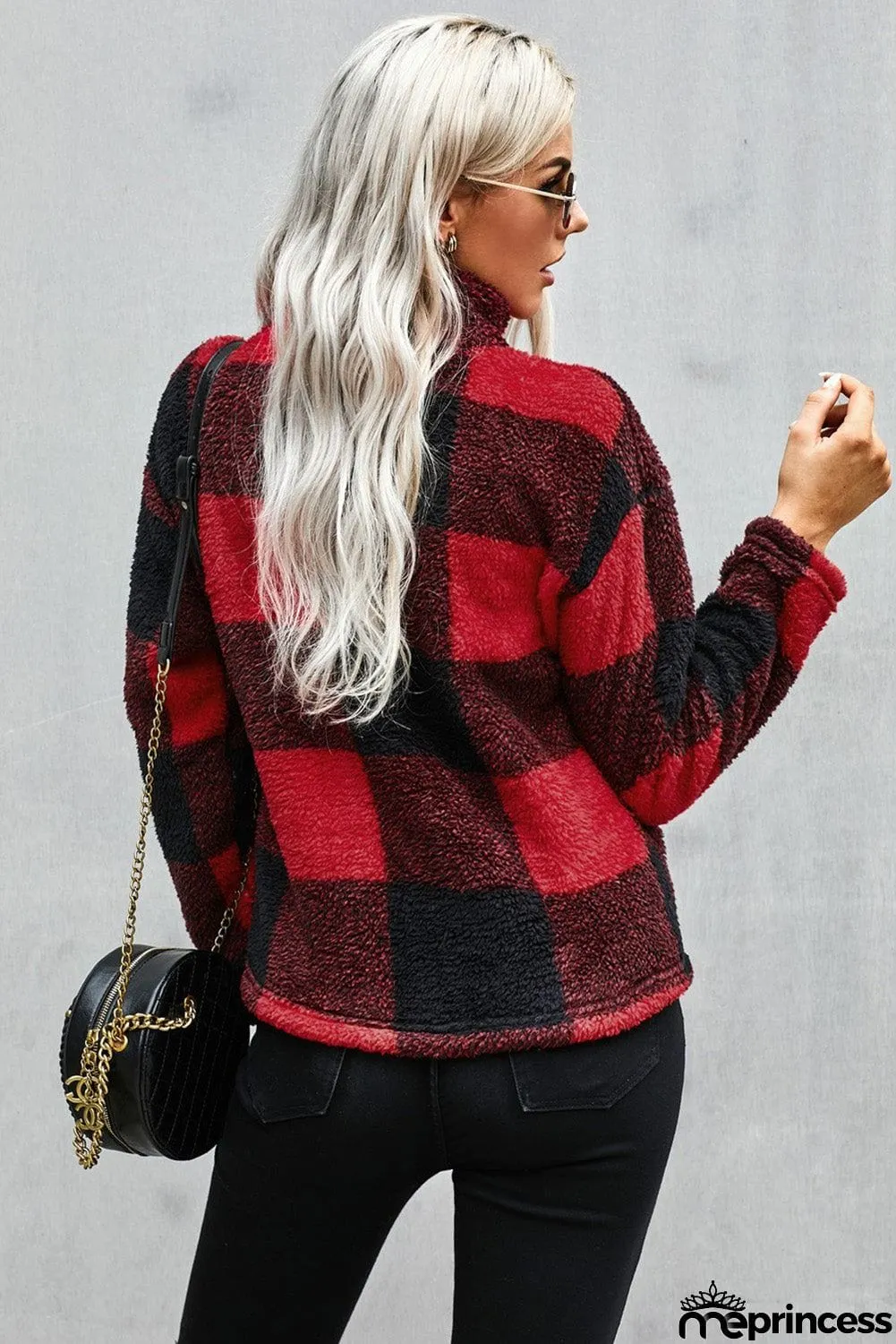 Women's Winter Red Plaid Zip Collar Plush Pullover Sweatshirt