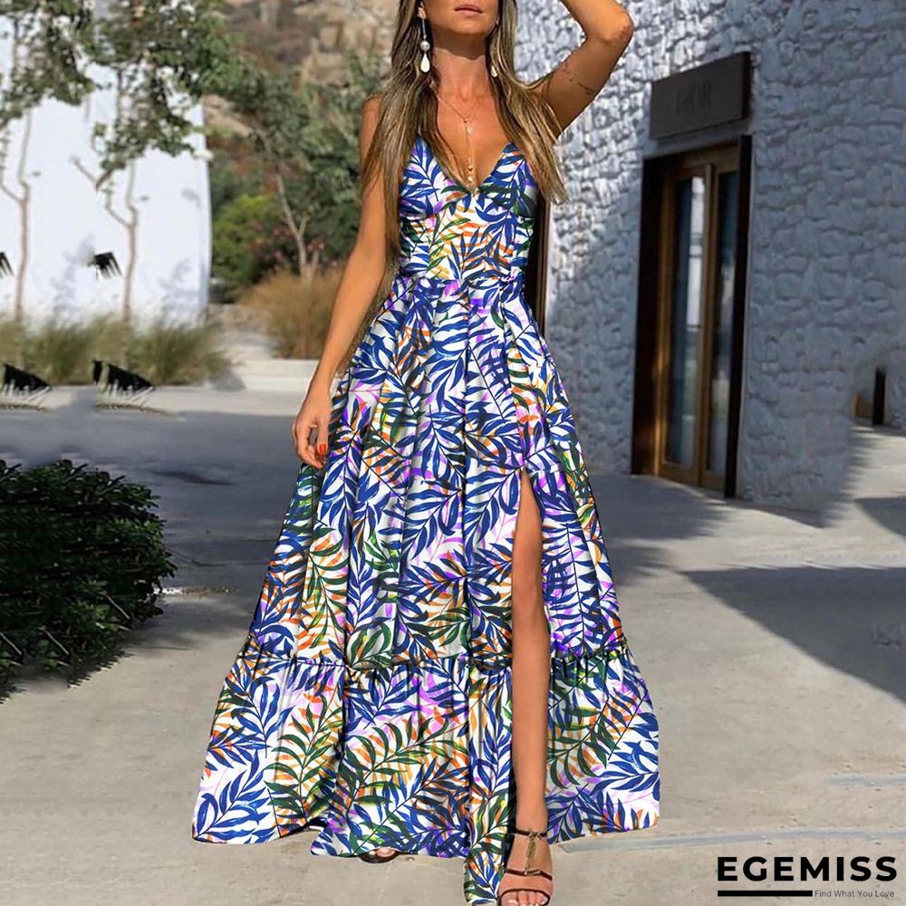 Deep V Suspender Printed Leaf Dress | EGEMISS