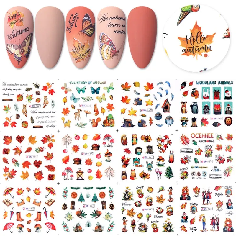 12Pcs Flower Leaf Geometric Lines Water Decals Spring Floral Butterfly Transfer Sliders Paper For Nails Decoration Manicures