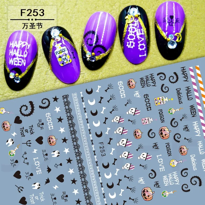 Halloween Nail Art Sticker Ghost Witch Spider Web Pumpkin Nail Decals Sexy Skull Bone Water Transfer Decals Nails Foil Manicure-Nail Inspo