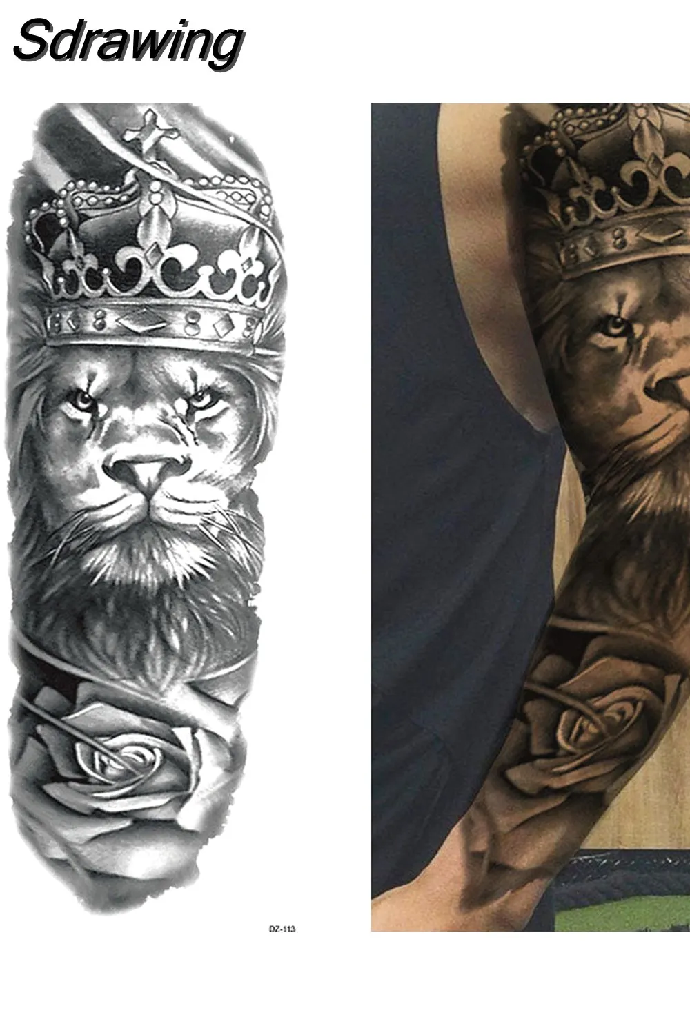 Sdrawing Full Arm Tattoo Lion Crown King Rose Waterproof Temporary Tatoo Sticker Wild Wolf Tiger Men Skull Totem Tattoo 430-1