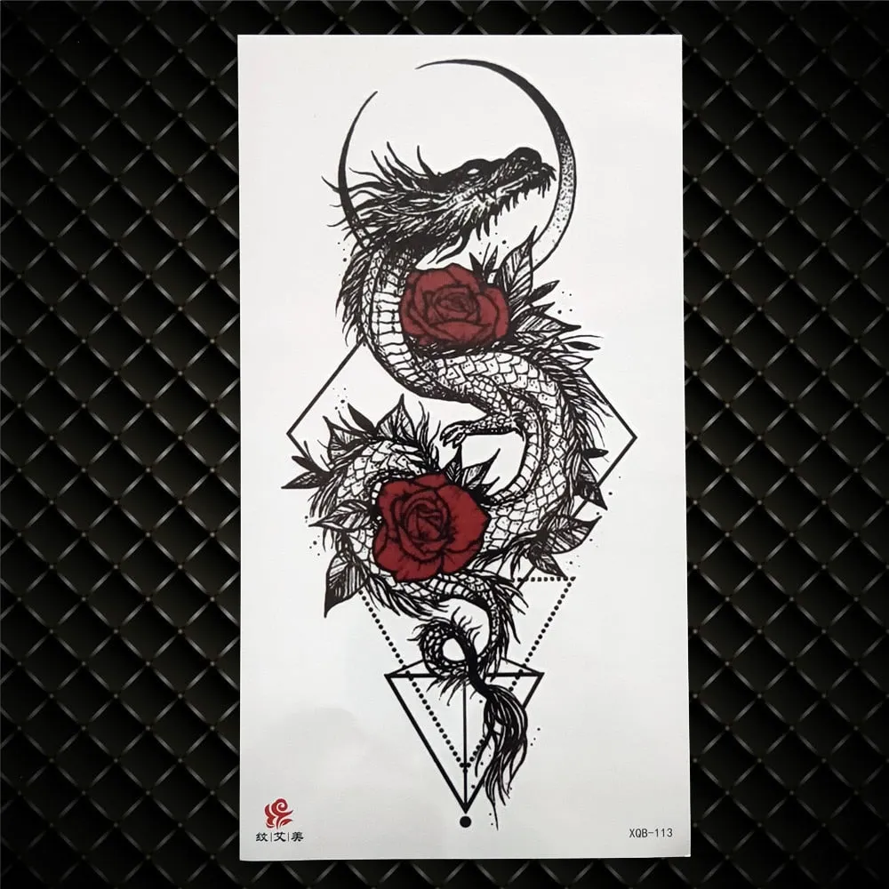 3D Skeleton Fake Temporary Tattoo For Women Men Death skull Dragon Tattoos Geometric Rose Creative Waterproof Tatoos Chest Waist