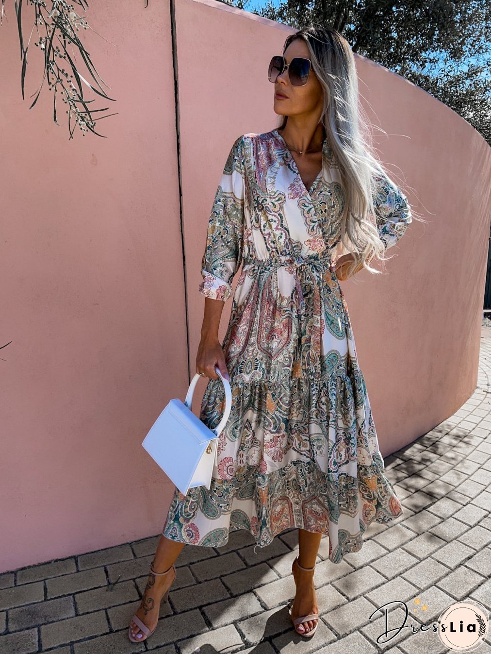 Women's Spring New V-neck Long Sleeve Floppy Dress