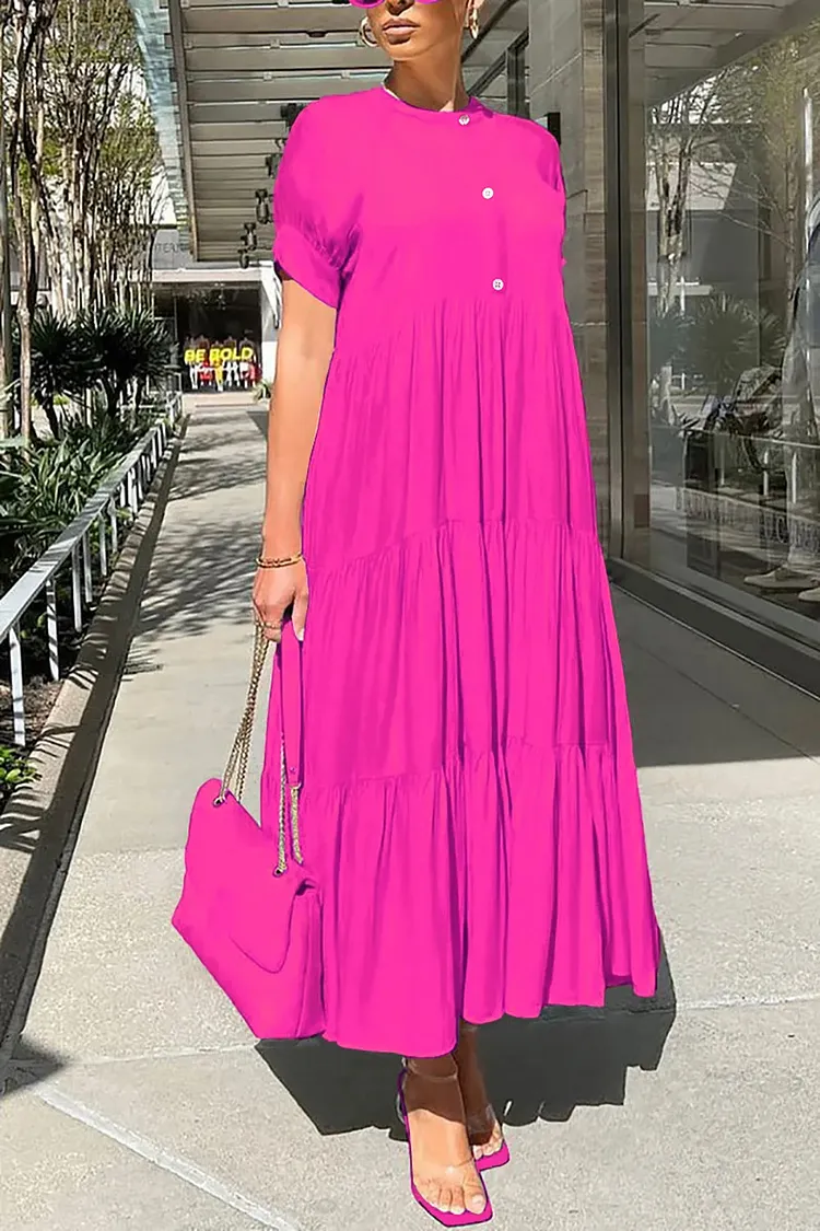 Xpluswear Plus Size Vacation Hot Pink Round Neck Short Sleeve Ruffle Maxi Dress 2024 - Xpluswear