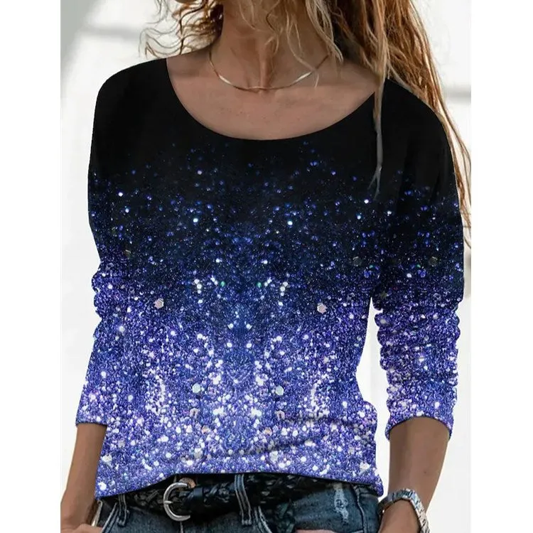 Brownm Long Digital Printing Sleeve Loose Neck Casual Pullover Print T-shirt