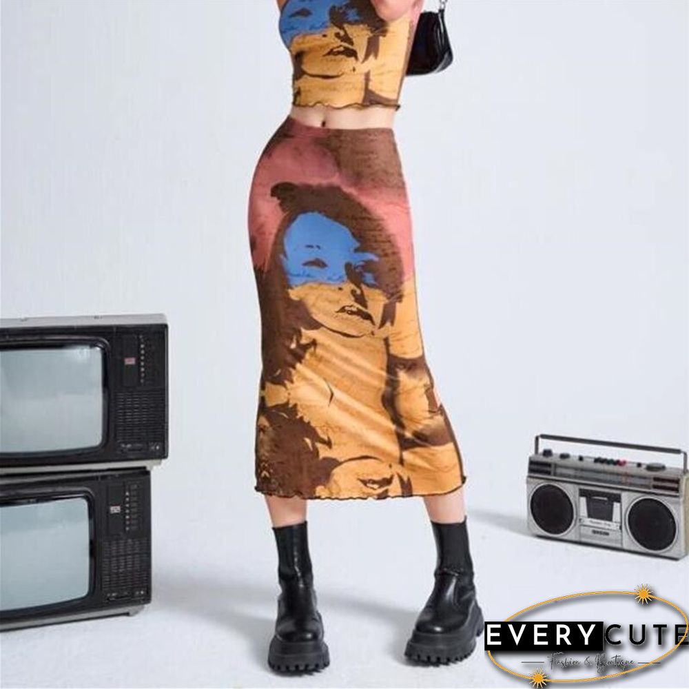 Y2k Women Portrait Print Bodycon Midi Skirt Elegant Office Lady High Waist Ruffles Trim Pencil Skirts Goth Streetwear