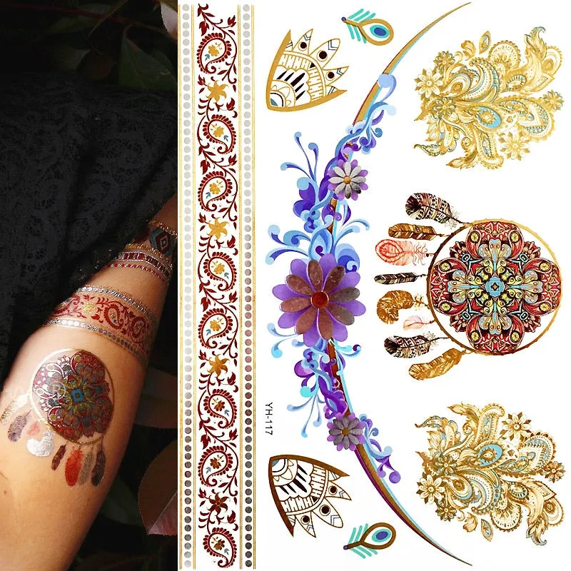 Temporary Tattoos Gold Silver Metallic Tattoo Arm Body Tattoo Cool Bracelet Style Girl DIY Golden Flash Tattoos
