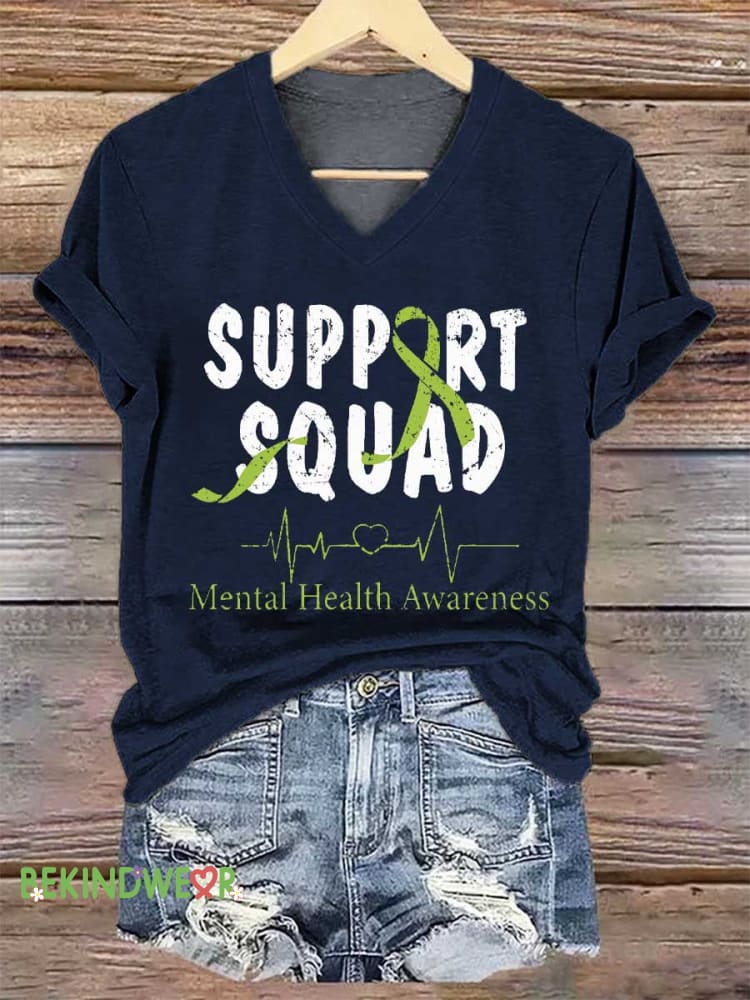 Women&rsquo;s SUPPORT SQUAD Mental Health Awareness V-neck Casual T-Shirt Blue / S