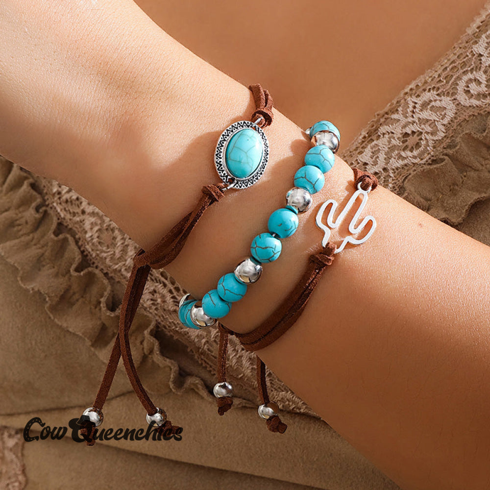 Western Cowboy Style Cactus Decor Turquoise Beaded Bracelet Set Multicolor / One-Size