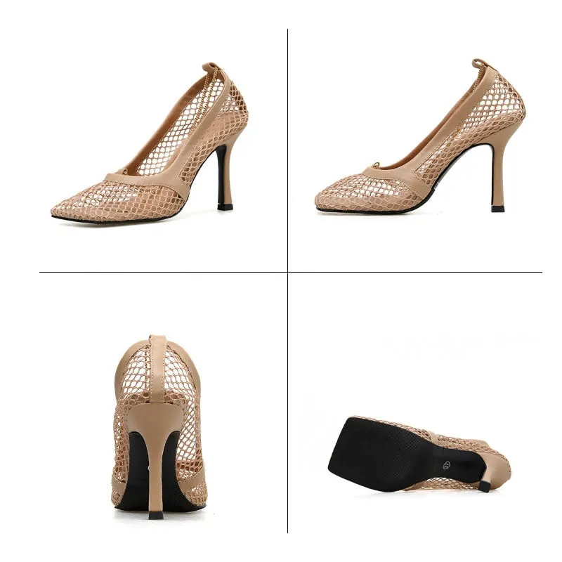 Fujin 9cm Summer Autumn Sexy Mesh Pumps Sandals Female Square Toe High Heel Chain Stiletto Hollow Party Dress Pumps Shoe Sandals