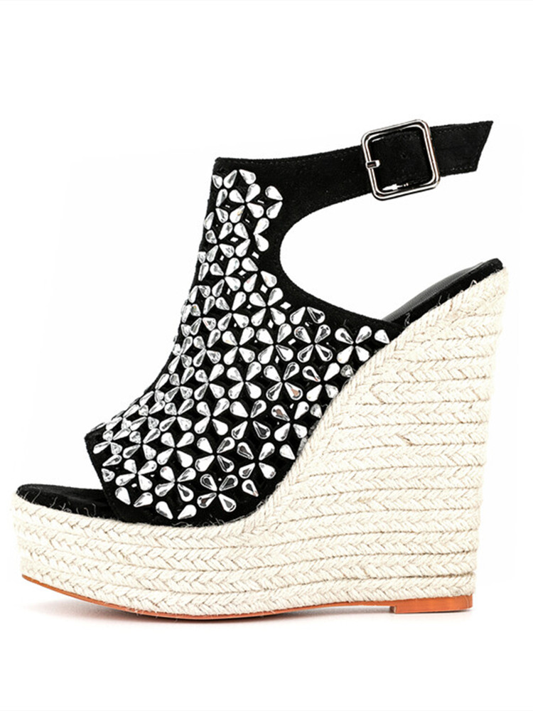 GOOSHOE Women's Wedge Heel Woven Fish Mouth Sandals Diamond Shoes