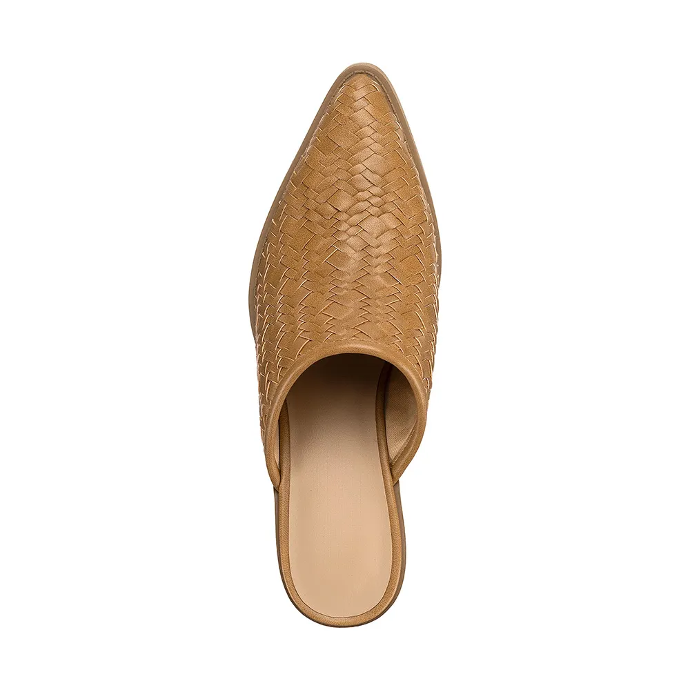 Brown Vegan Leather Pointed Toe Chunky Heel Comfy Slip On Mules Shoes