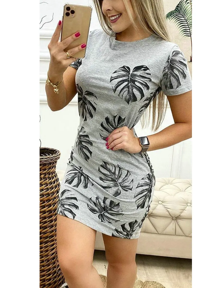 Leaf Printed Short Sleeves Bodycon Dress