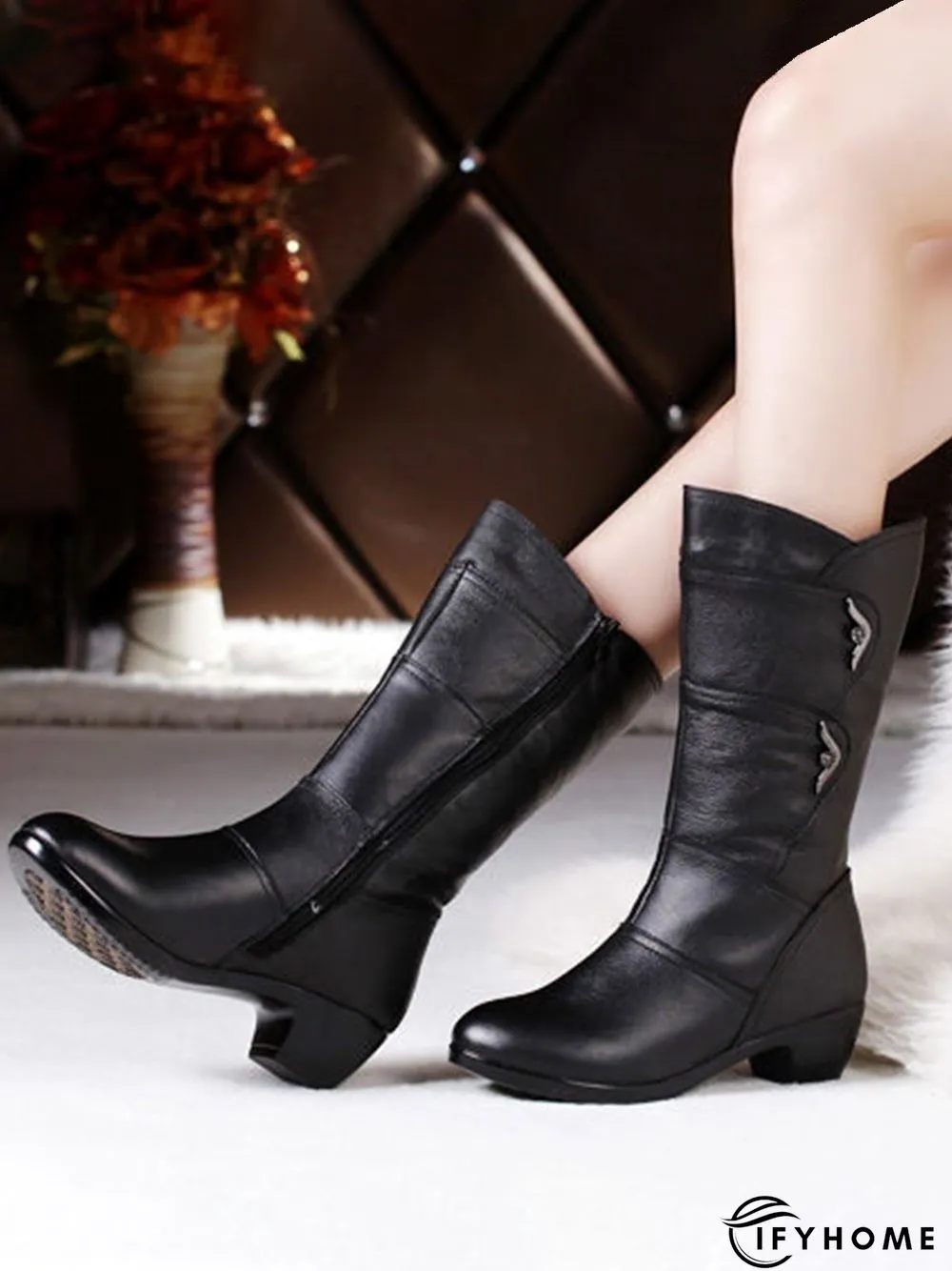 Black Rhinestone Metal Plush Warm Thick Heel Boots | IFYHOME