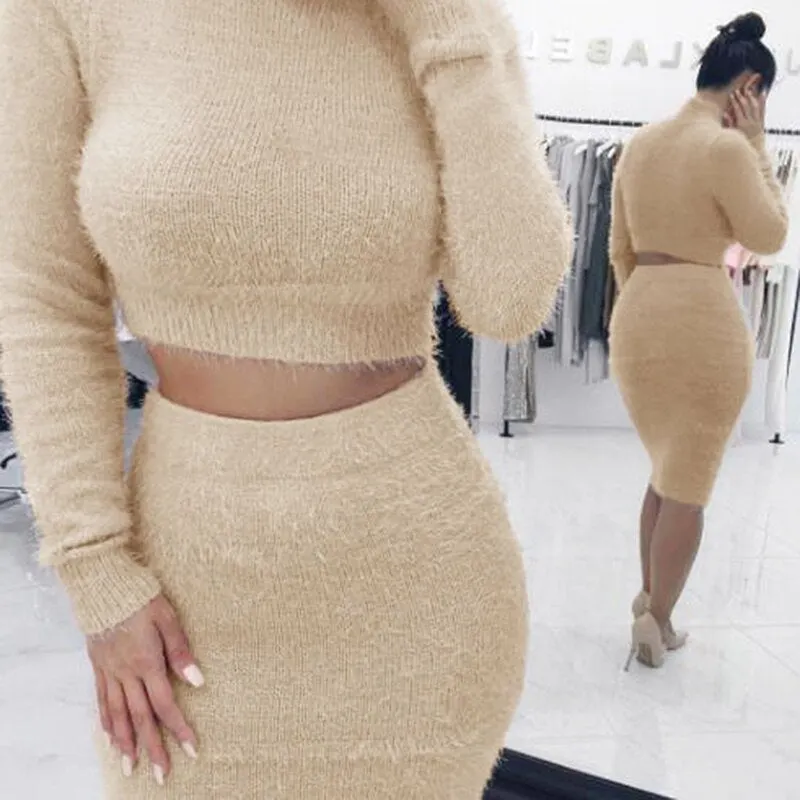 Winter Soft Warm Knitted Turtleneck 2 Pieces Set Casual Full Sleeve Sweater Skirt Female Sweater Suits Set Two Piece Set Women