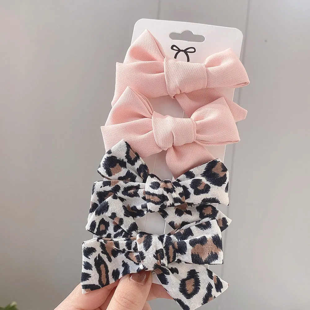 4Pcs/set 2021 New Leopard Print Hair Clips For Cute Girls BB Boutique Hairpins Bowknot Barrettes Headwear Kids Hair Acesssories