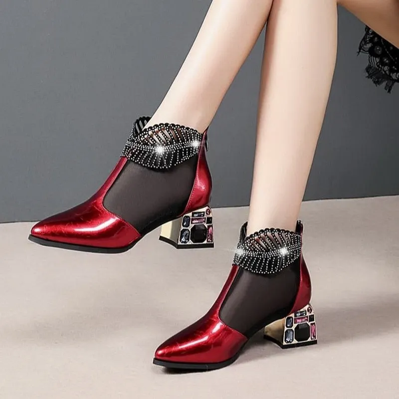 2020 New Sexy Sandals Boots Women Mid Heels Ankle Boot Patent Leather Mesh Thick Heel Pointed toe Shoes for Woman Zip Black Red