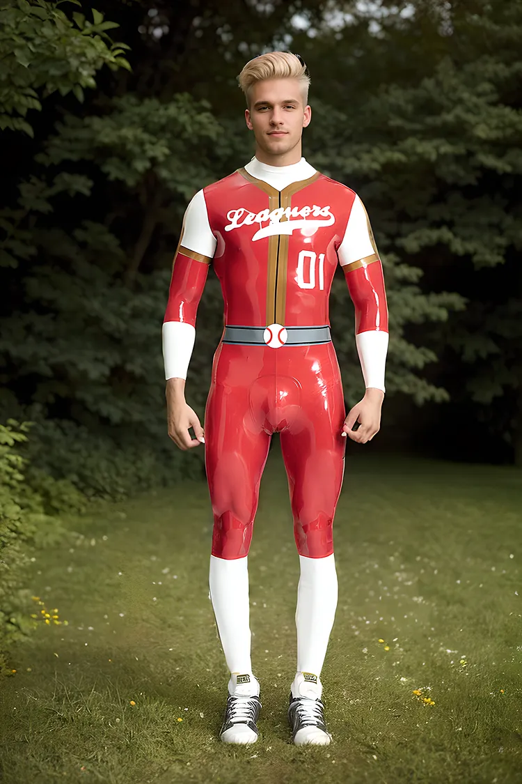 Men Latex Catsuits Baseball Shoulder Zip Red 