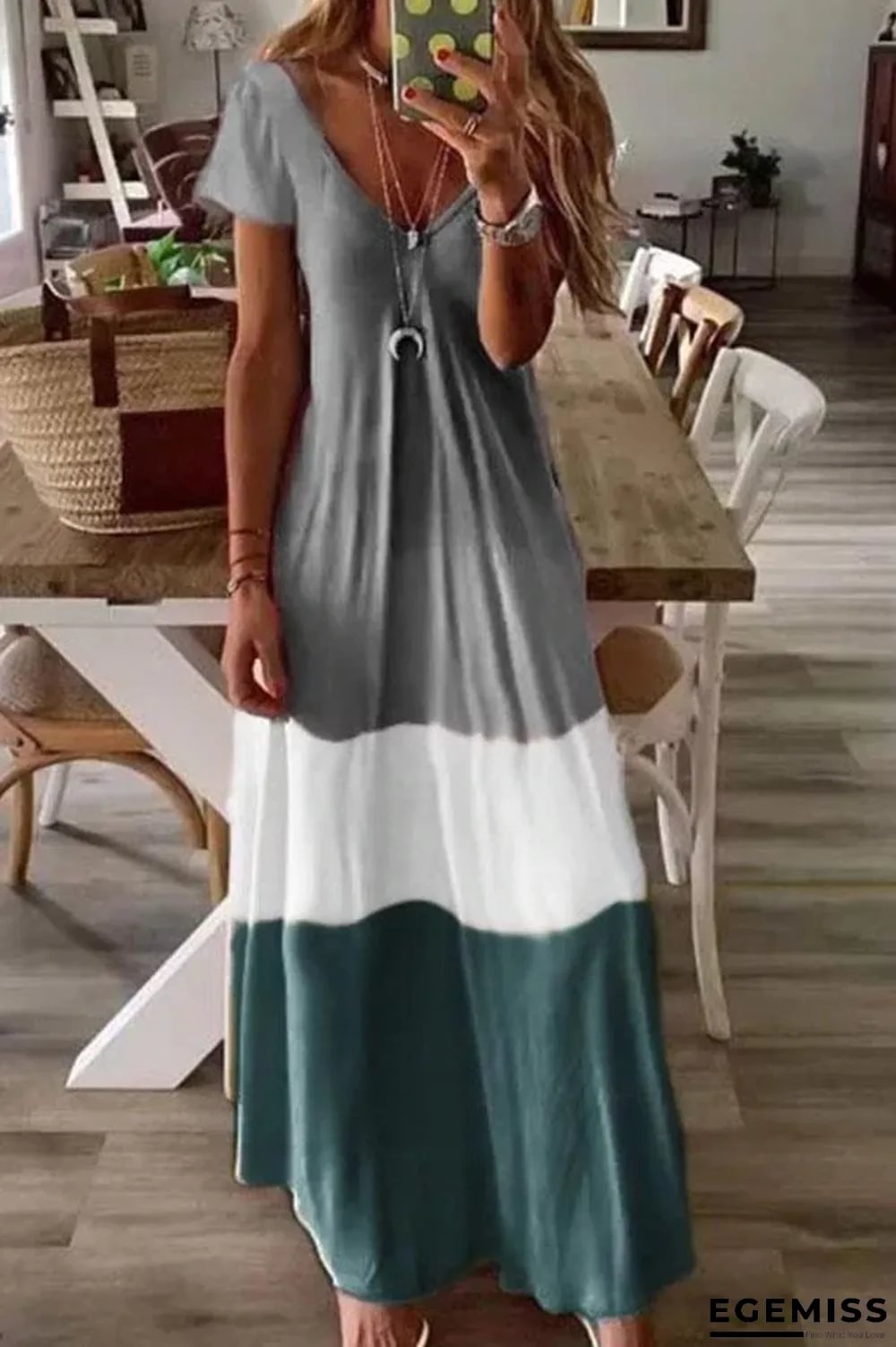Color-block V-neck Short Sleeves A-line Holiday Maxi Dress | EGEMISS