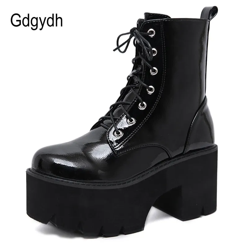 Gdgydh Woman Lace Autumn Boots Womens Ladies Chunky Wedge Platform Black Patent Leather Ankle Boots Punk Goth New Arrival 2021