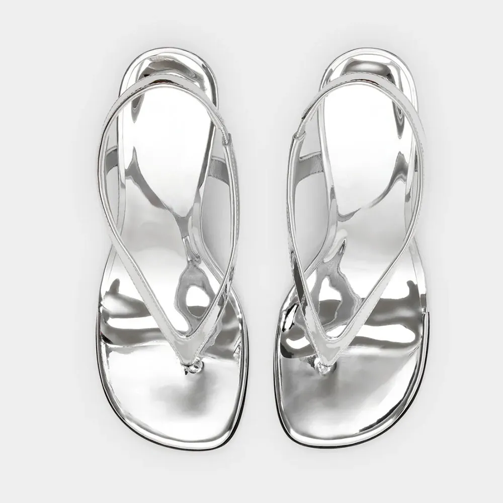 Women's Square Toe Wedge High Heel Flip Flop Silver Sandals