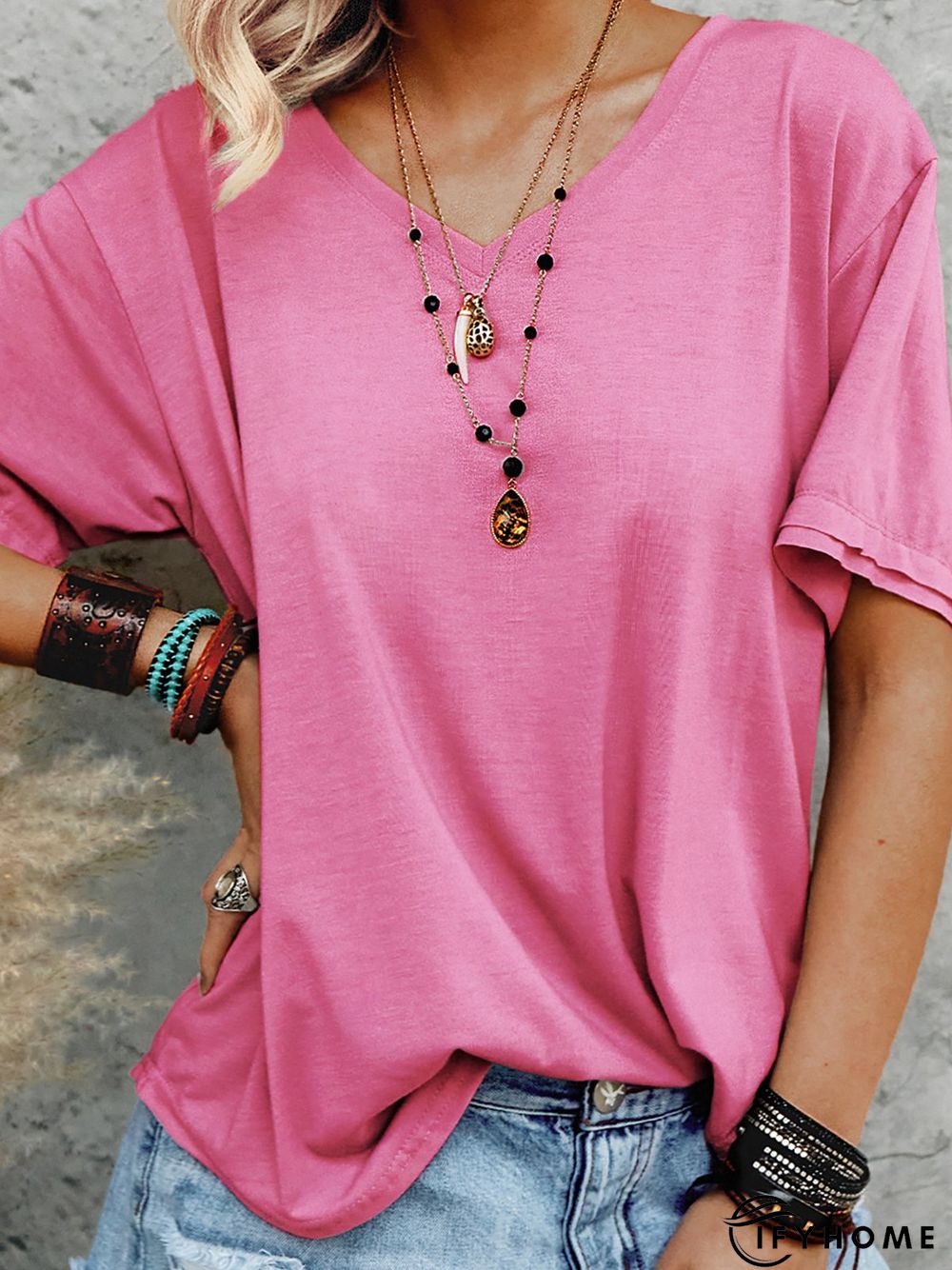 Cotton Holiday Short Sleeve V Neck T-shirt | IFYHOME