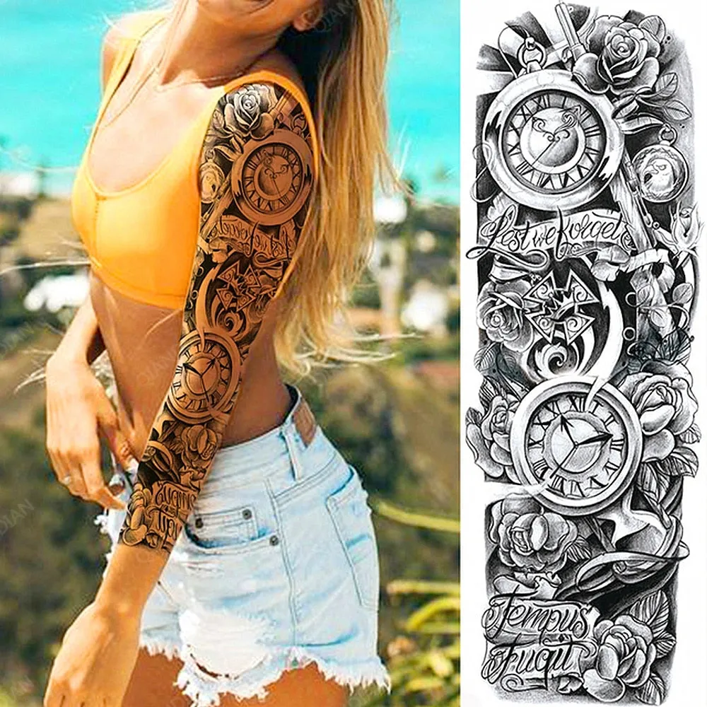 Large Arm Sleeve Tattoo Rose Lion Wolf Waterproof Temporary Tatto Sticker Flower Clock Waist Leg Body Art Full Fake Tatoo Women