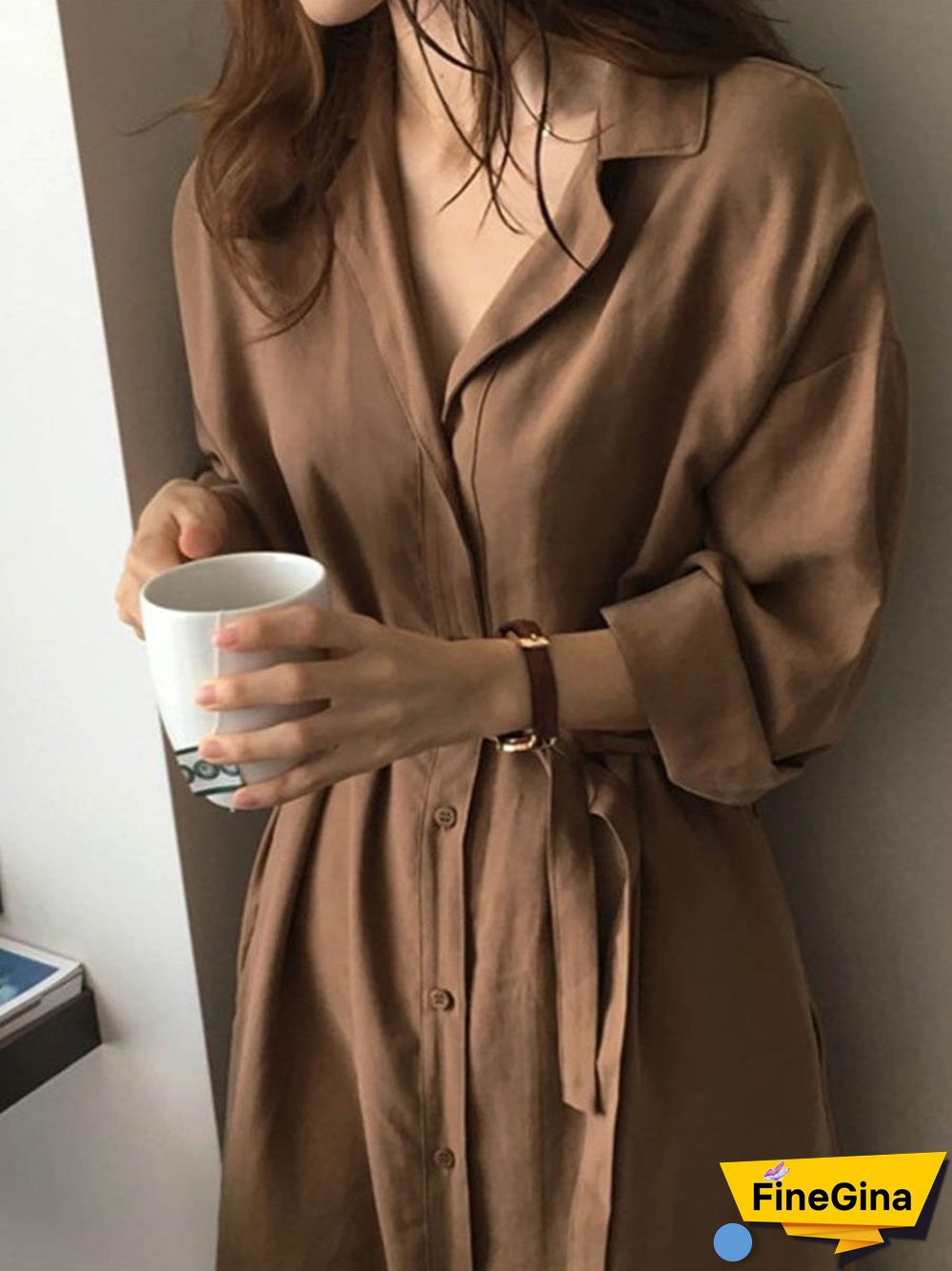 Long Sleeve Plain Belt T-Shirt Coat