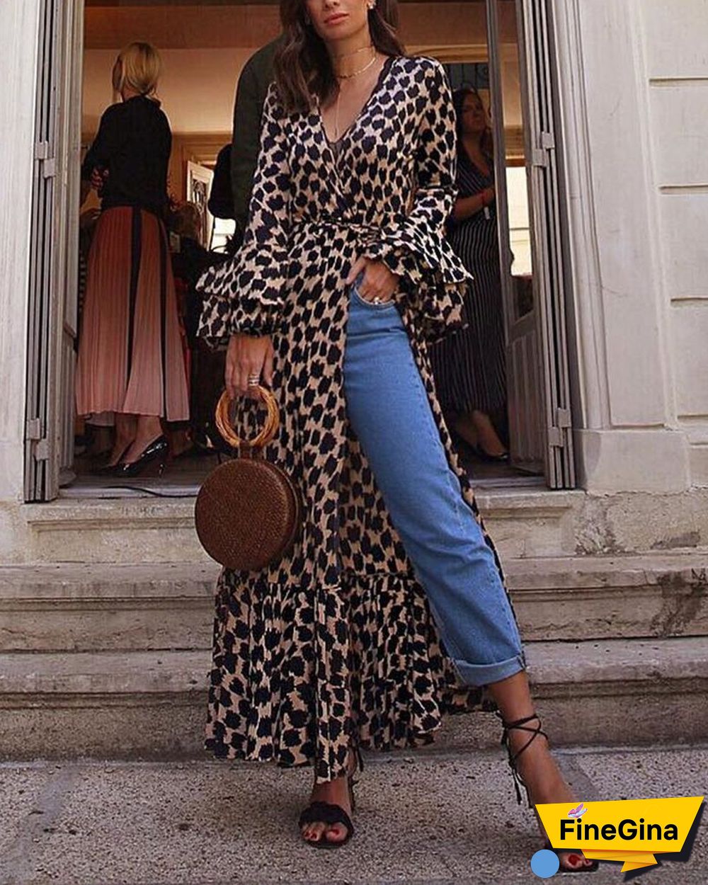 V Neck Leopard Design Loose Causal Maxi Dress Tops