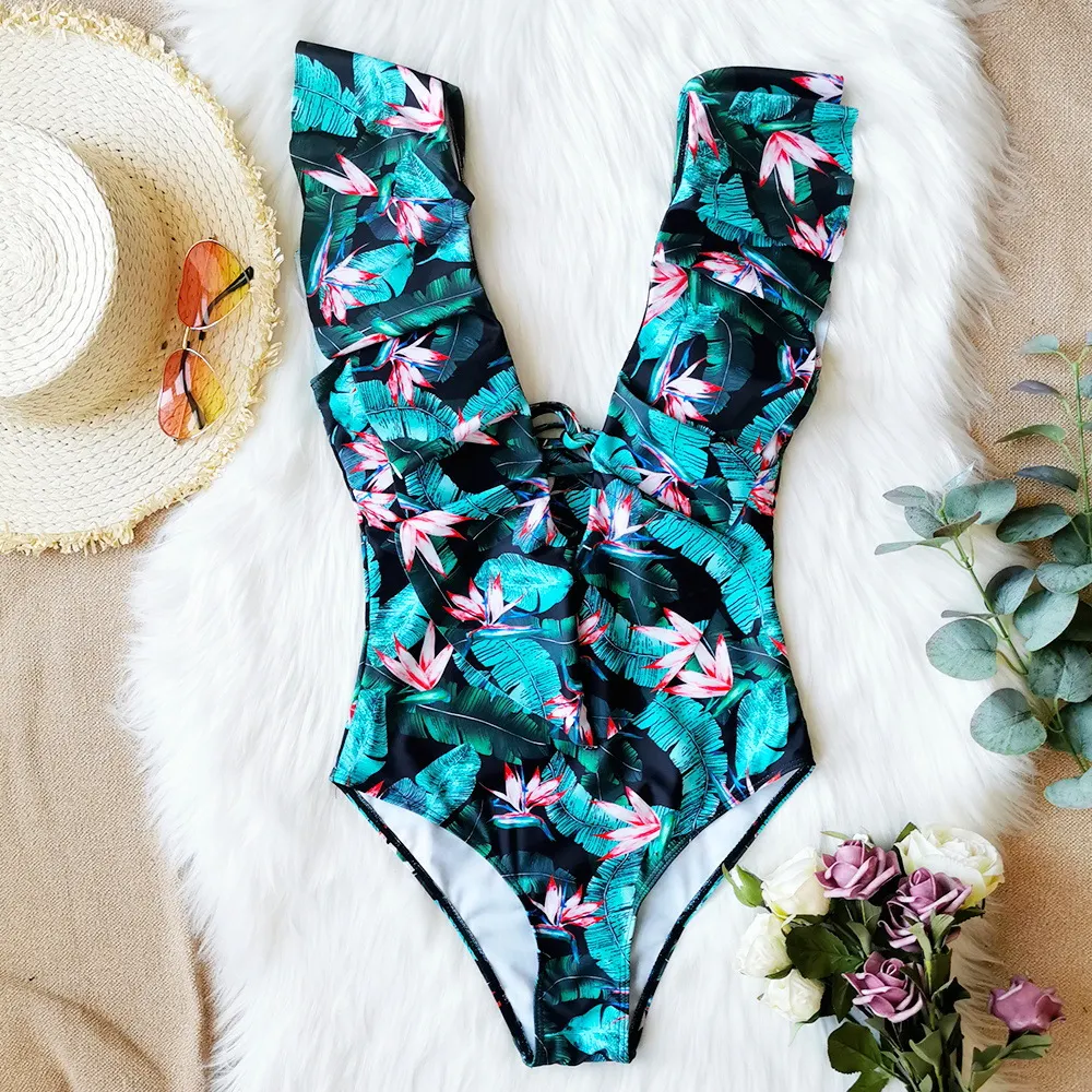 Churchf Printed Flowers Even Lotus Leaf Side Body Swimsuit Women 2025 New Swimsuit Bare Back